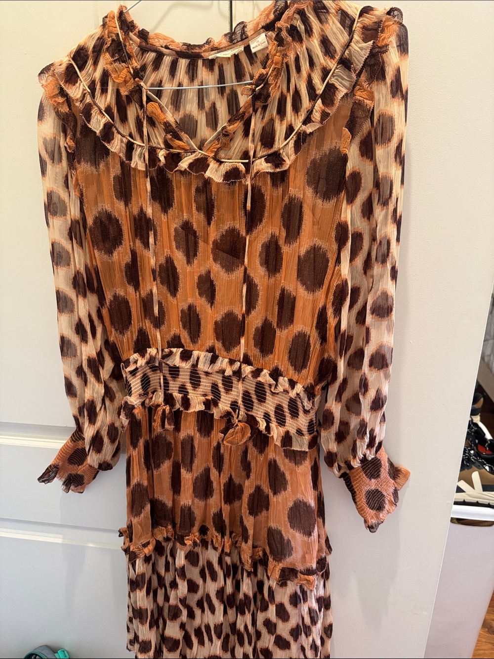 Leopard Print Long Sleeve Ruffle Midi Dress - Brown & Cream